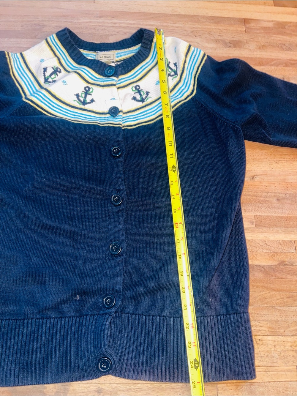 L.L. Bean Vintage Navy Cream & Yellow Knit Cardigan with Anchor | Coastal | L - Picture 7 of 9